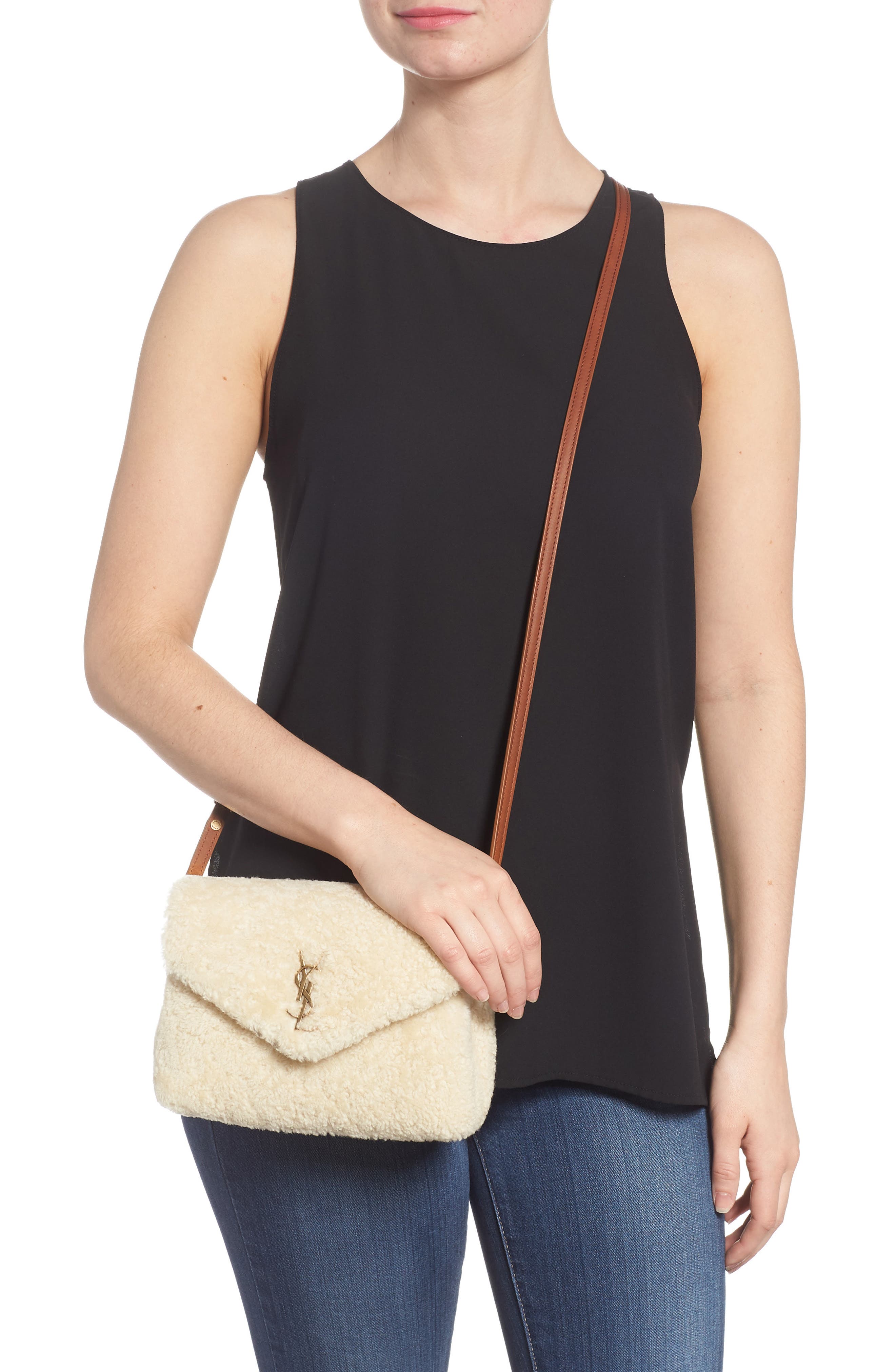 Saint Laurent Small Loulou Genuine Shearling Crossbody Bag, Alternate, color, 