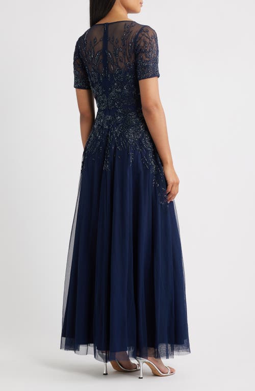Pisarro Nights Embellished Illusion Neck Gown In Blue