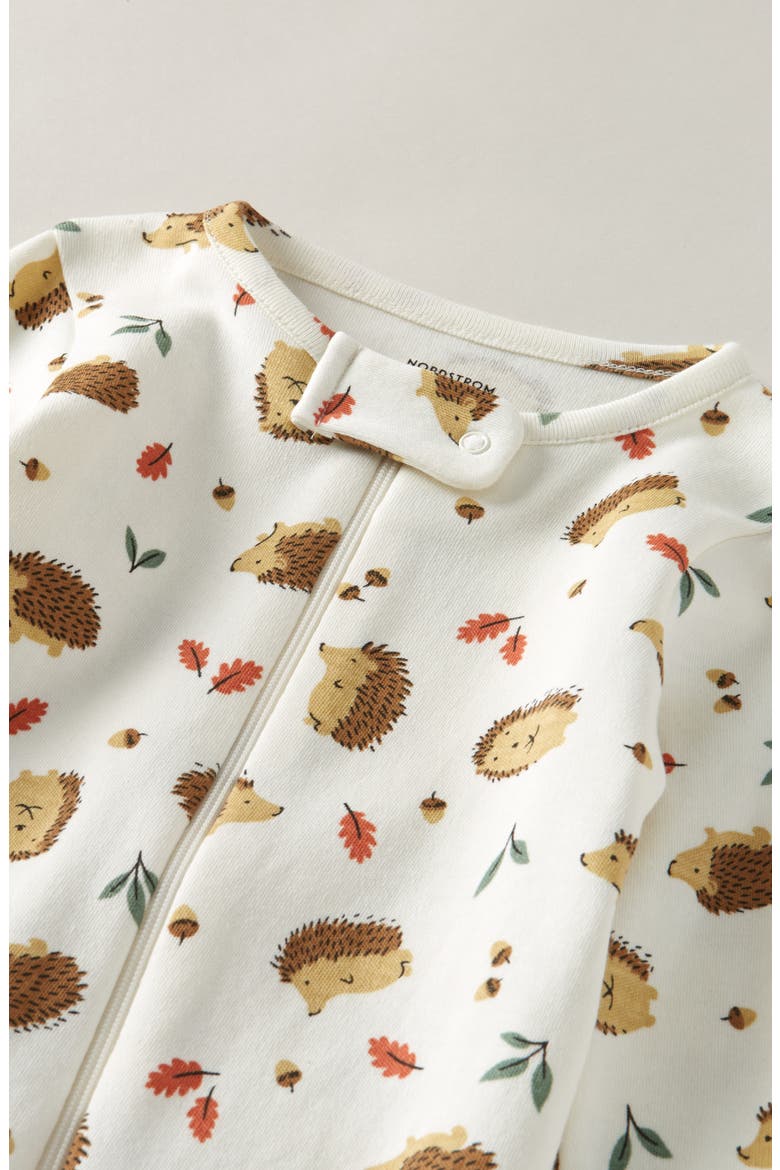 Print Zip Cotton Footie, Alternate, color, IVORY EGRET AUTUMN HEDGEHOGS