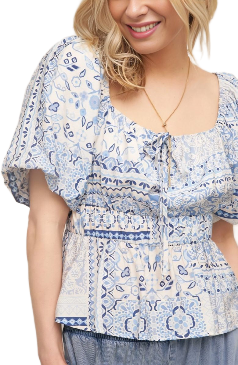 Knit and Lounge Boho Puff Sleeve Tie Front Smocked Waist Peasant Top, Alternate, color, Blue Patchwork
