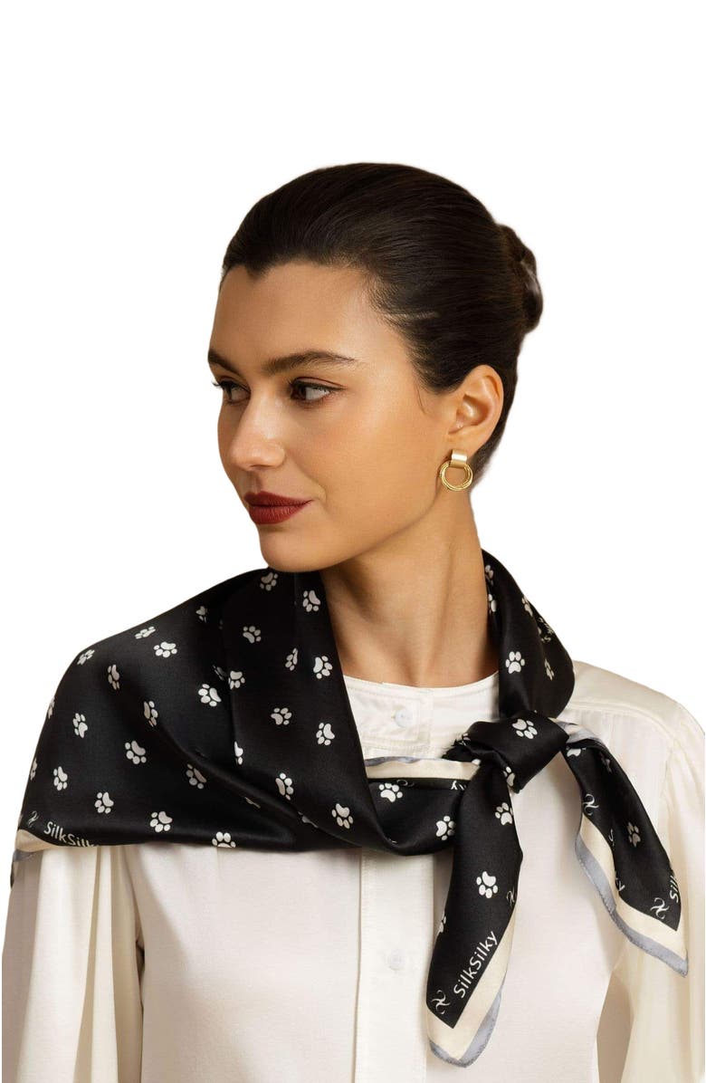 SILKSILKY Pure Silk Paw Print Square Scarf, Alternate, color, Black
