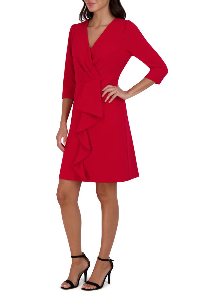 Cascade Ruffle Crepe Sheath Dress, Alternate, color, RED