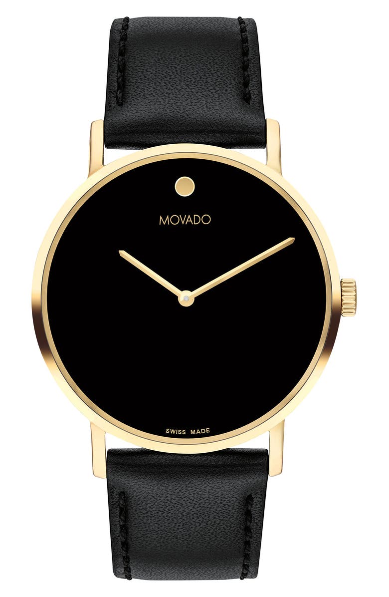 Movado Signature Leather Strap Watch, 40mm x 5.7mm, Main, color, Black Dial