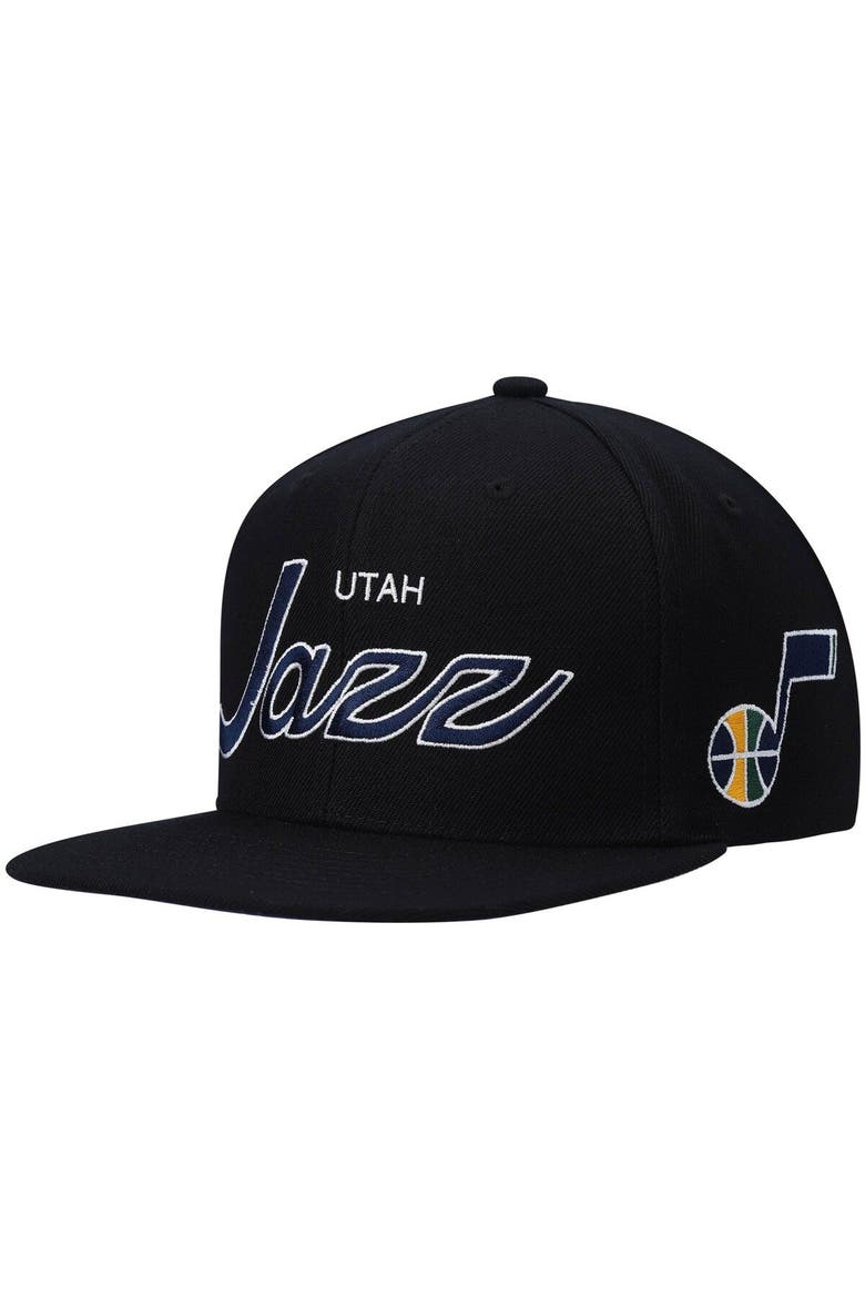 Men's Mitchell & Ness Black Utah Jazz Hardwood Classics Script 2.0 Snapback Hat, Main, color, Black