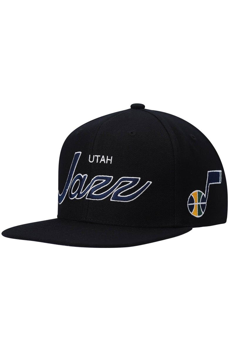 Mitchell & Ness Men's Mitchell & Ness Black Utah Jazz Hardwood Classics Script 2.0 Snapback Hat, Main, color, Black
