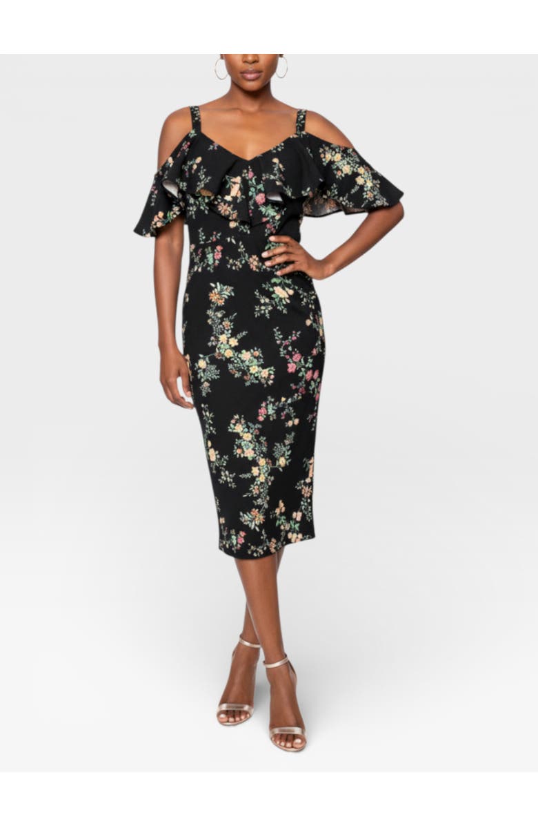 RACHEL Rachel Roy Marcella Printed Off the Shoulder Ruffle Midi Dress, Main, color, Black Fall Floral