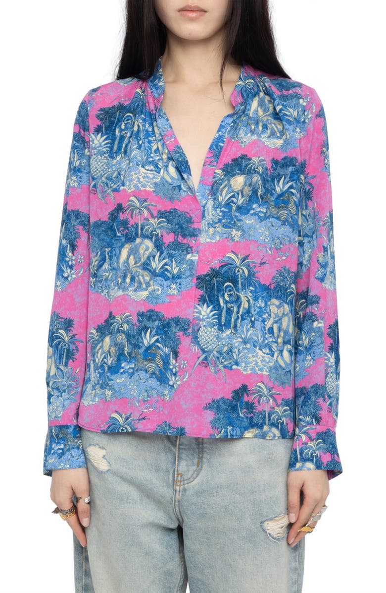 Zadig & Voltaire Tink Wild Jungle Print Crepe Popover Top, Main, color, Lady