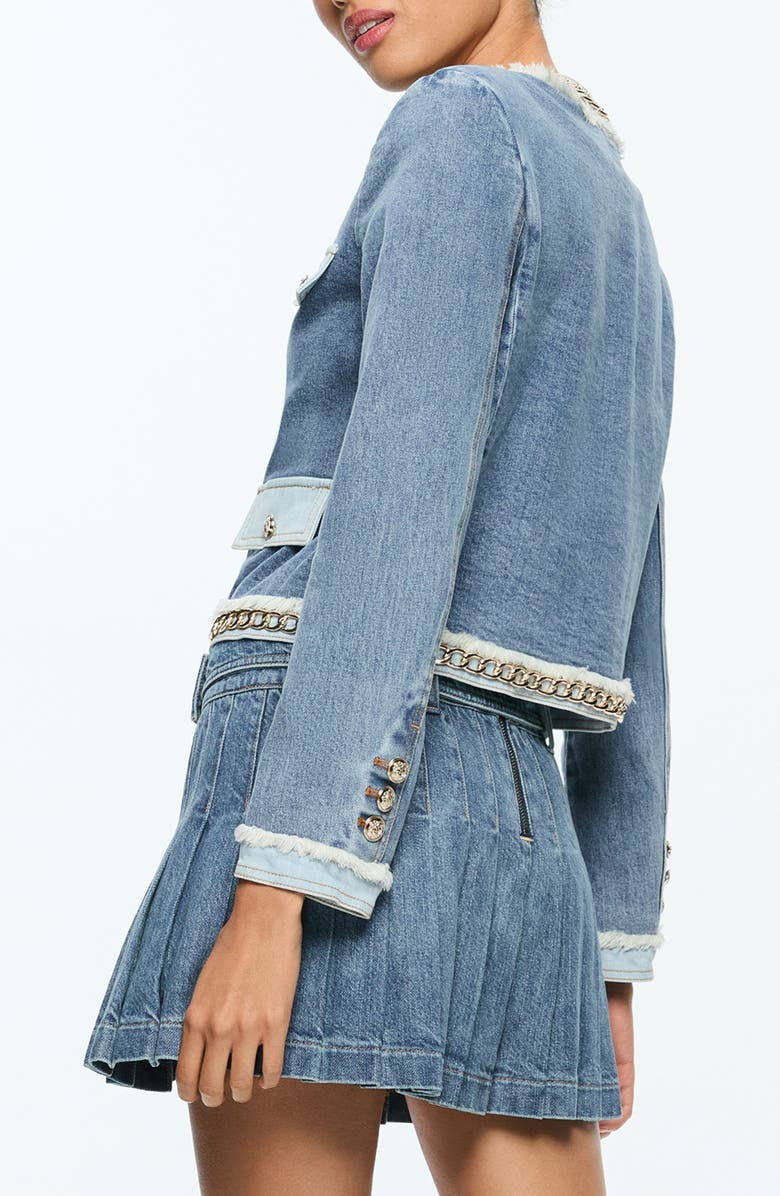 Alice + Olivia Landon Crop Denim Jacket with Curb Chain Trim, Alternate, color,