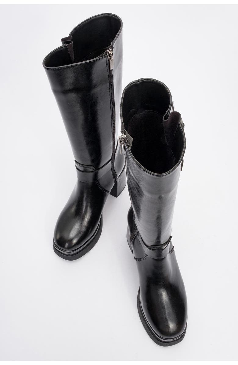 Prologue Shoes Rock Buckle Zip Block Heel Boot, Alternate, color, Black Faux Leather