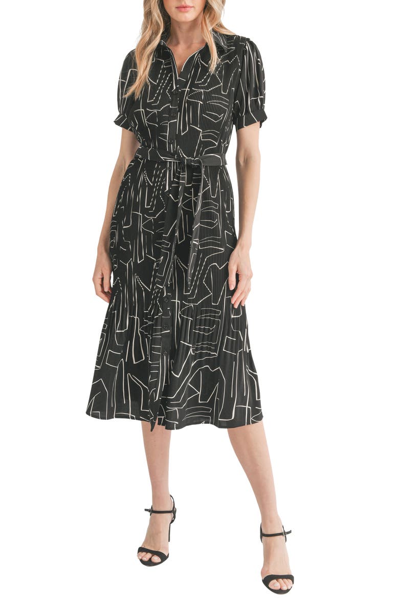 Print Pleat Tie Waist Midi Shirtdress, Main, color, BLACK WHITE