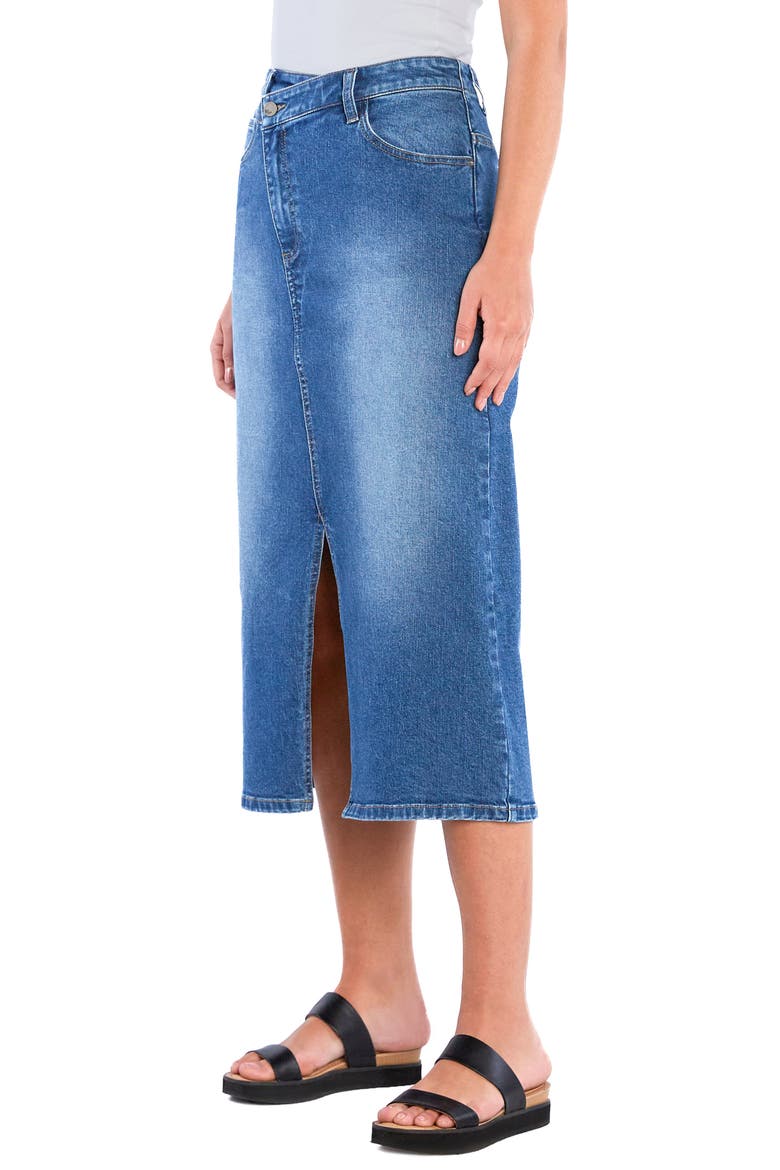 Emmeline Crossover Waist Denim Midi Skirt, Alternate, color, CROSS BLUE
