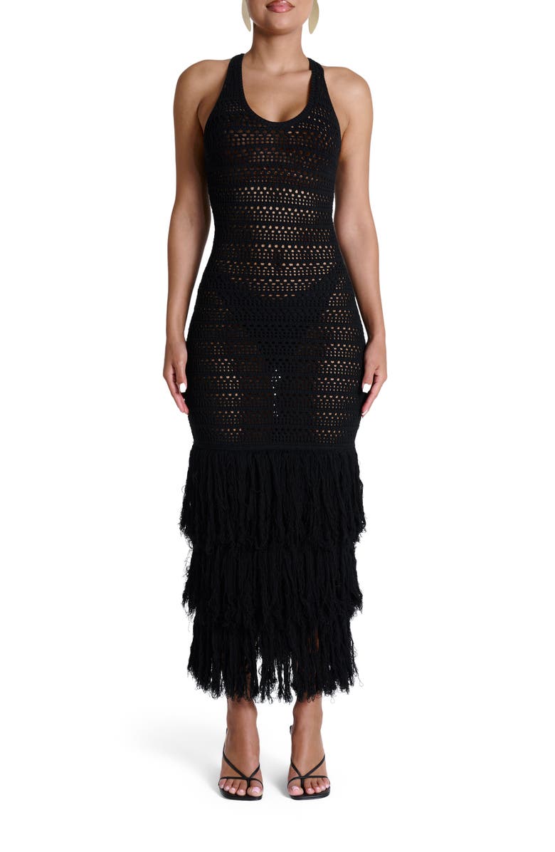 Naked Wardrobe Open Stitch Fringe Midi Dress, Main, color,