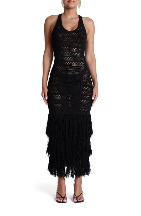 Open Stitch Fringe Midi Dress