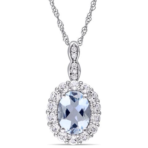 Gemstone & Diamond Oval Halo Necklace 14K