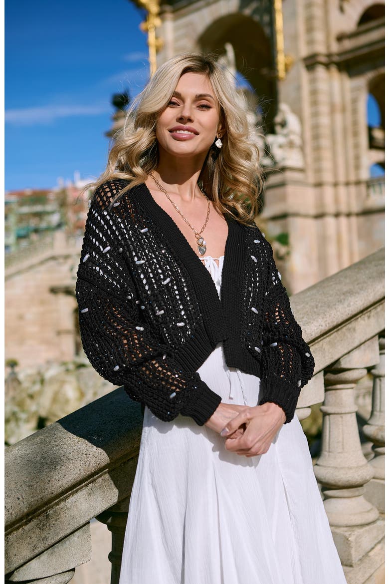 Faux Pearl Embellished Cardigan, Alternate, color, BLACK