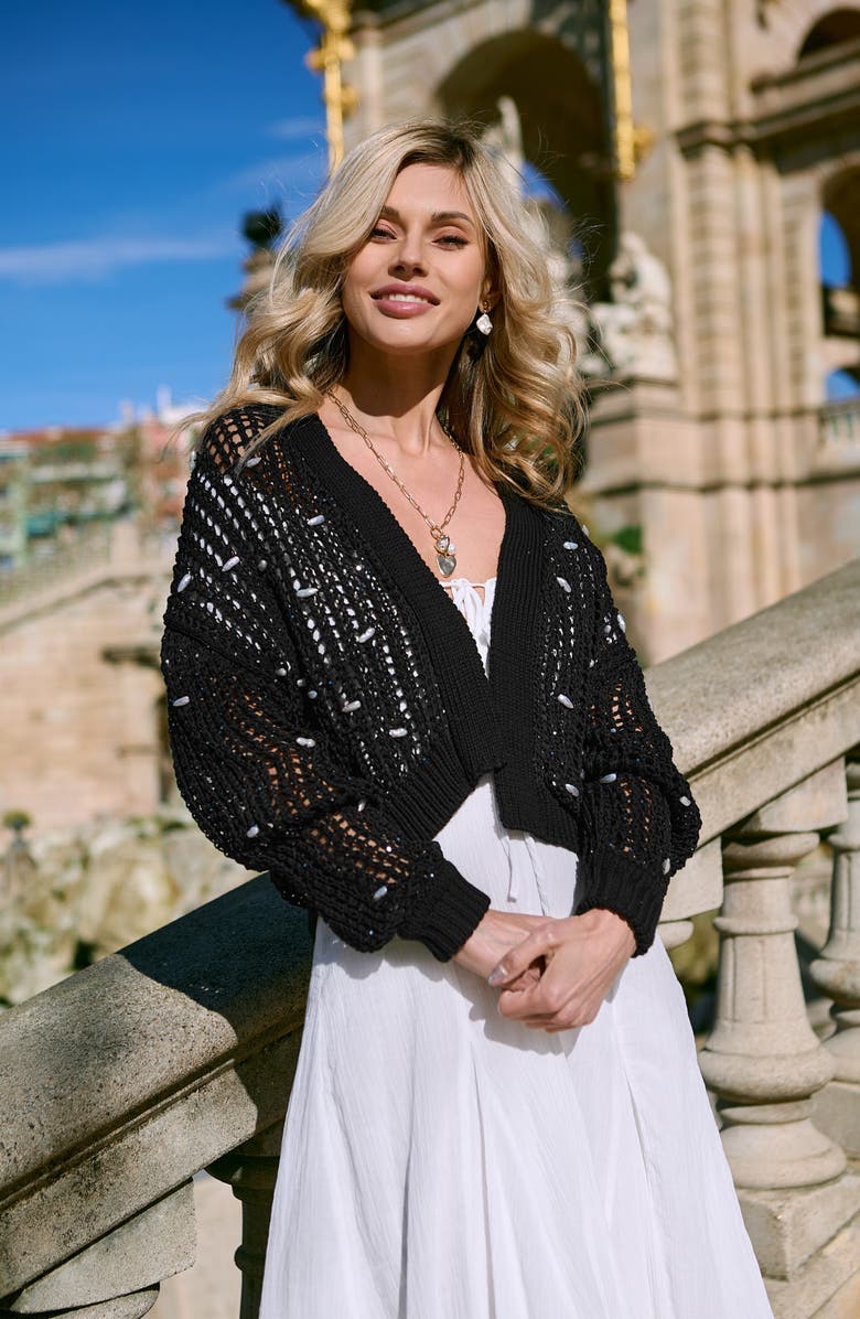 SAACHI Faux Pearl Embellished Cardigan, Alternate, color, Black