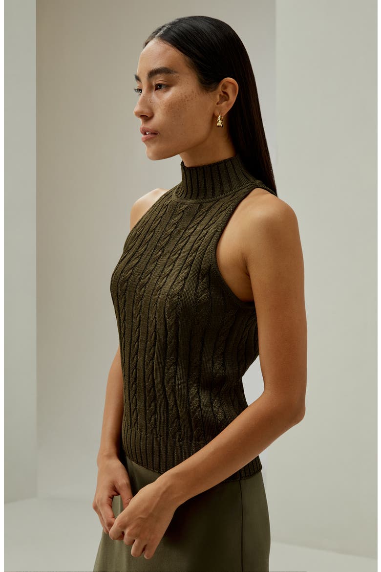 Women's Classic High-Neck Cable-Knit Sleeveless Silk Top, Alternate, color, Pine