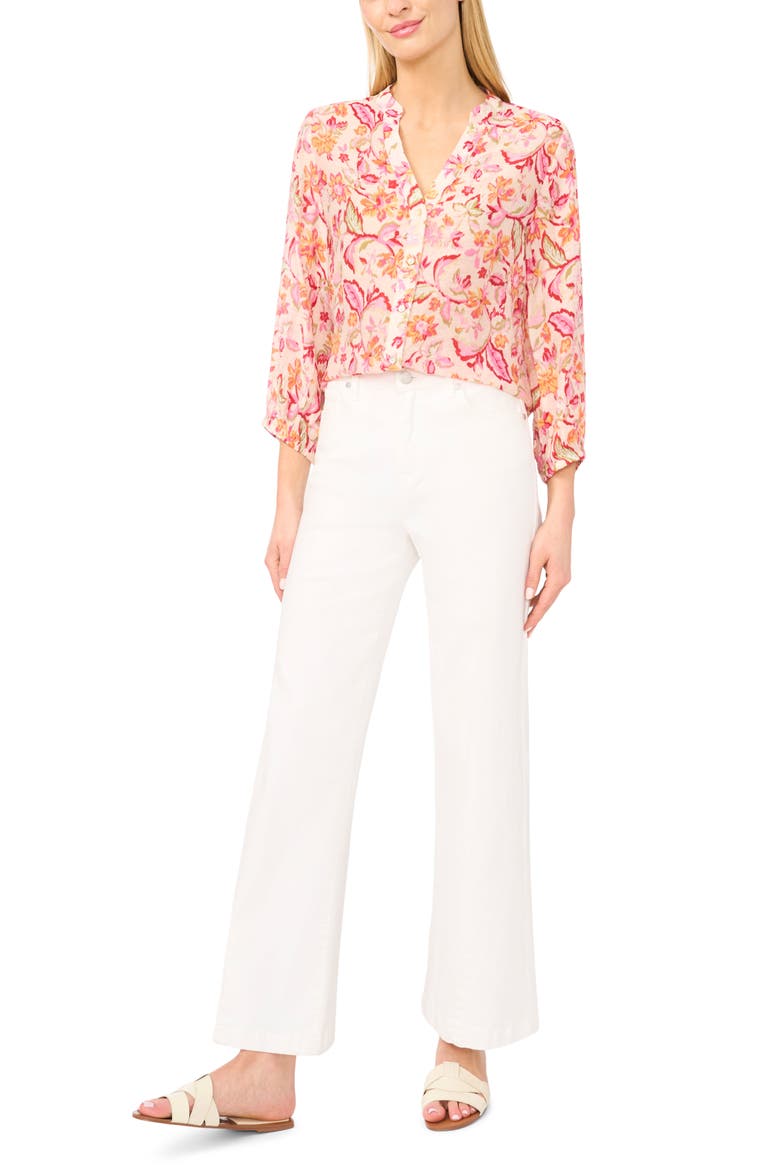 Floral Three Quarter Sleeve Button-Up Shirt, Alternate, color, MAGENTA
