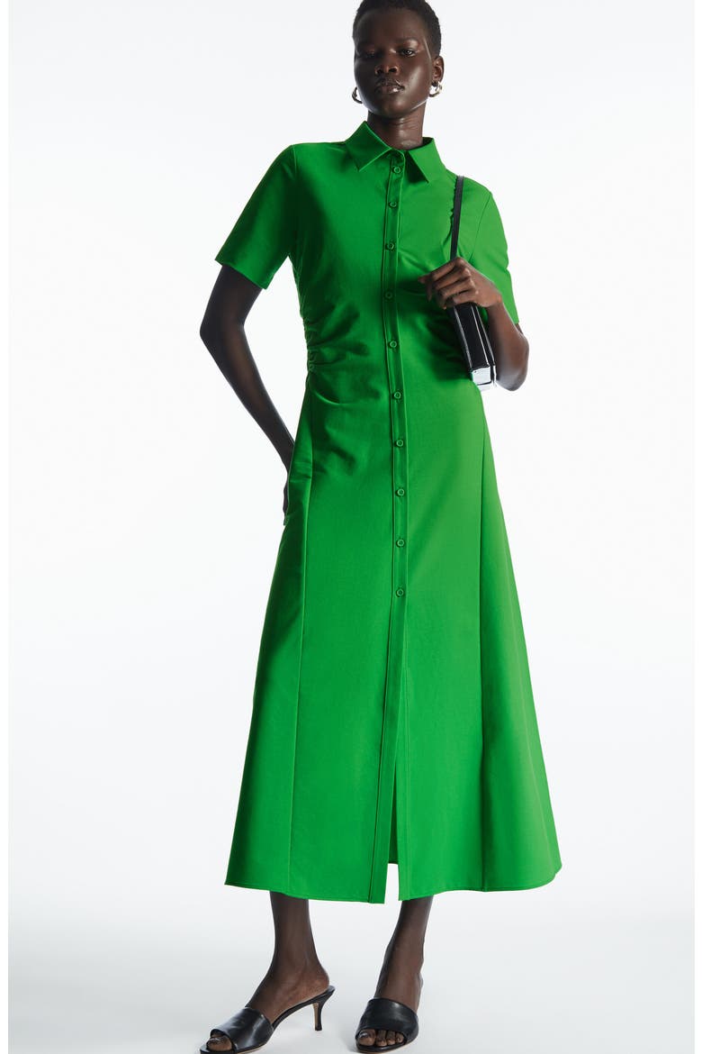 Side Ruched Stretch Cotton Blend Shirtdress, Alternate, color, GREEN BRIGHT