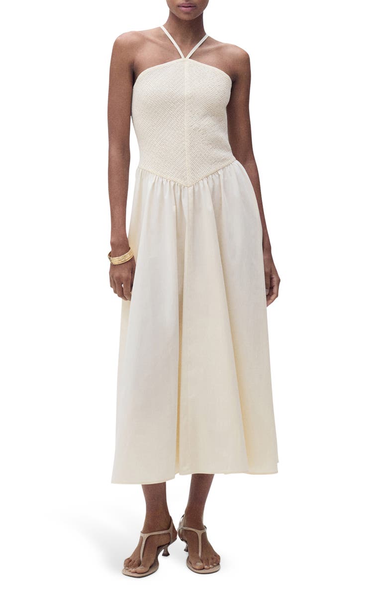 MANGO Smocked Sleeveless Midi Dress, Main, color, Ecru