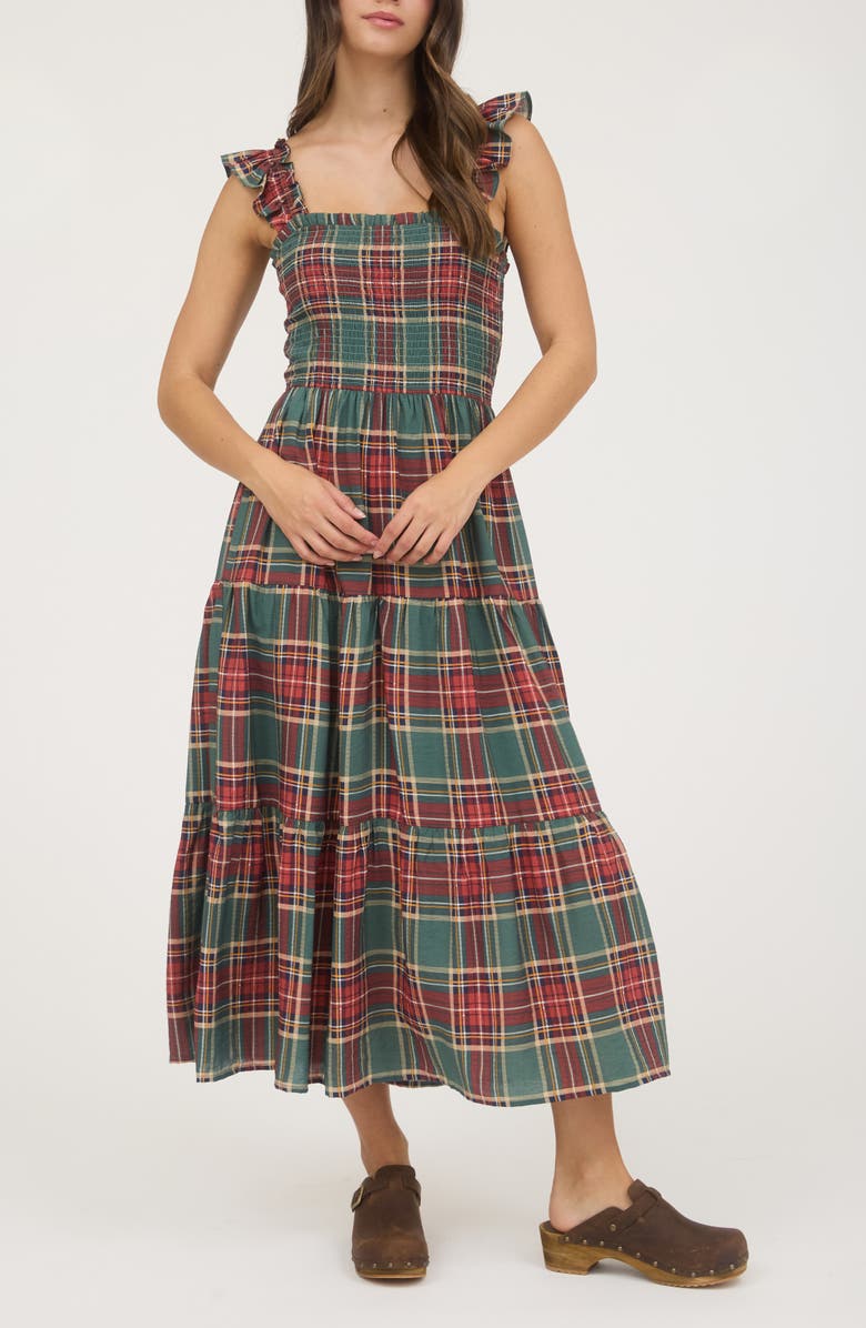 Blu Pepper Plaid Ruffle Midi Dress, Main, color, Green Multi
