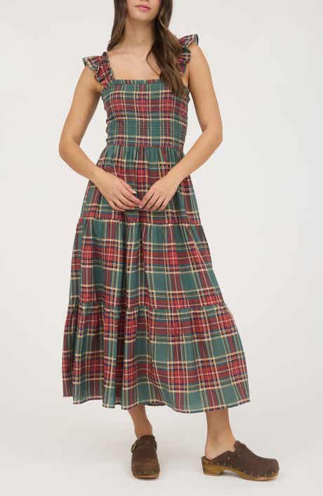 Blu Pepper Plaid Ruffle Midi Dress