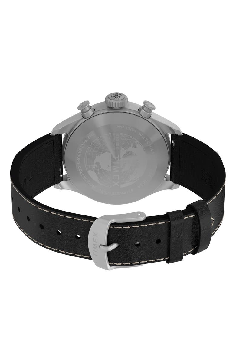 Timex<sup>®</sup> Waterbury Ace Chronograph Leather Strap Watch, 41mm, Alternate, color, Black