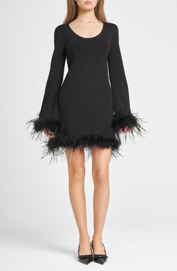 WAYF WAYF KARLIE FEATHER TRIM LONG SLEEVE MINIDRESS