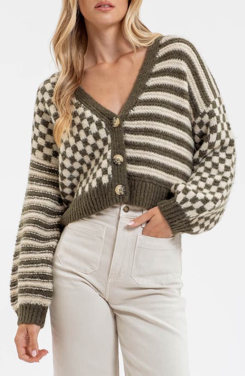 Stripe Check Balloon Sleeve Cardigan