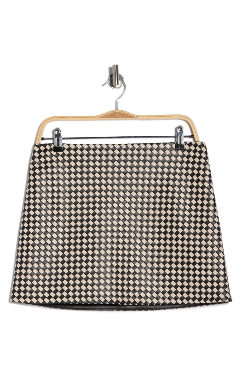 Alice + Olivia Elana Faux Leather Miniskirt, Main, color, Black/ Biscotti