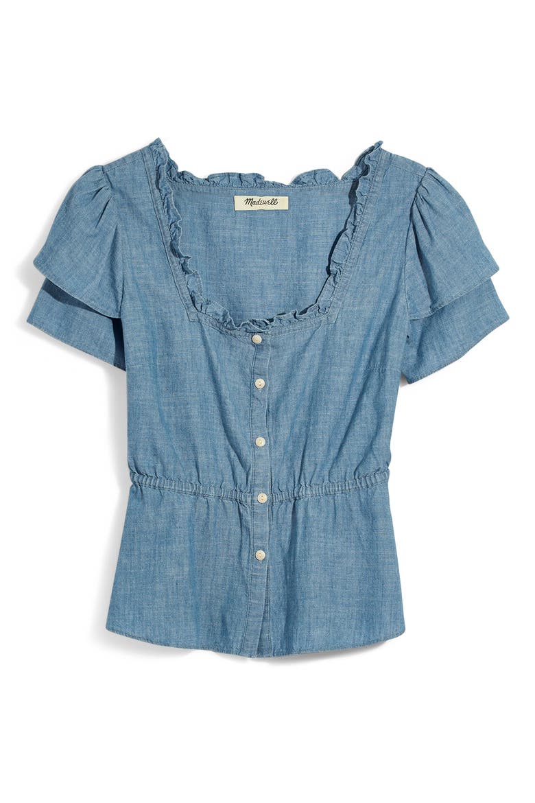 Chambray Ruffle Sleeve Peplum Top, Alternate, color, EASTERLY WASH