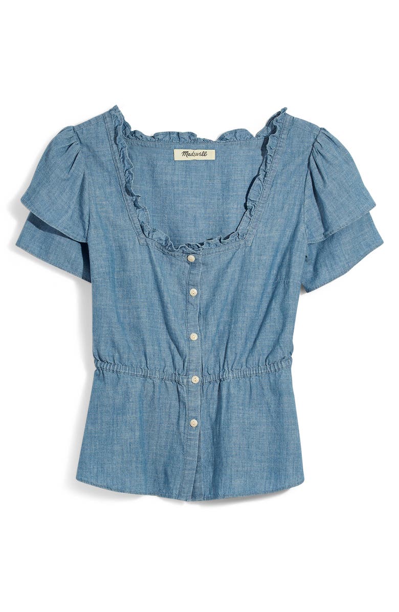 Madewell Chambray Ruffle Sleeve Peplum Top, Alternate, color, 