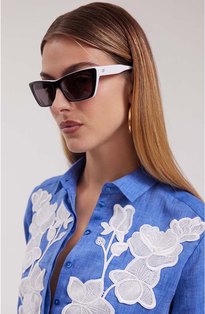 Anne Fontaine Women's Shirt  Citron Blue Linen Shirt With White Floral Applique, Alternate, color, Denim Blue