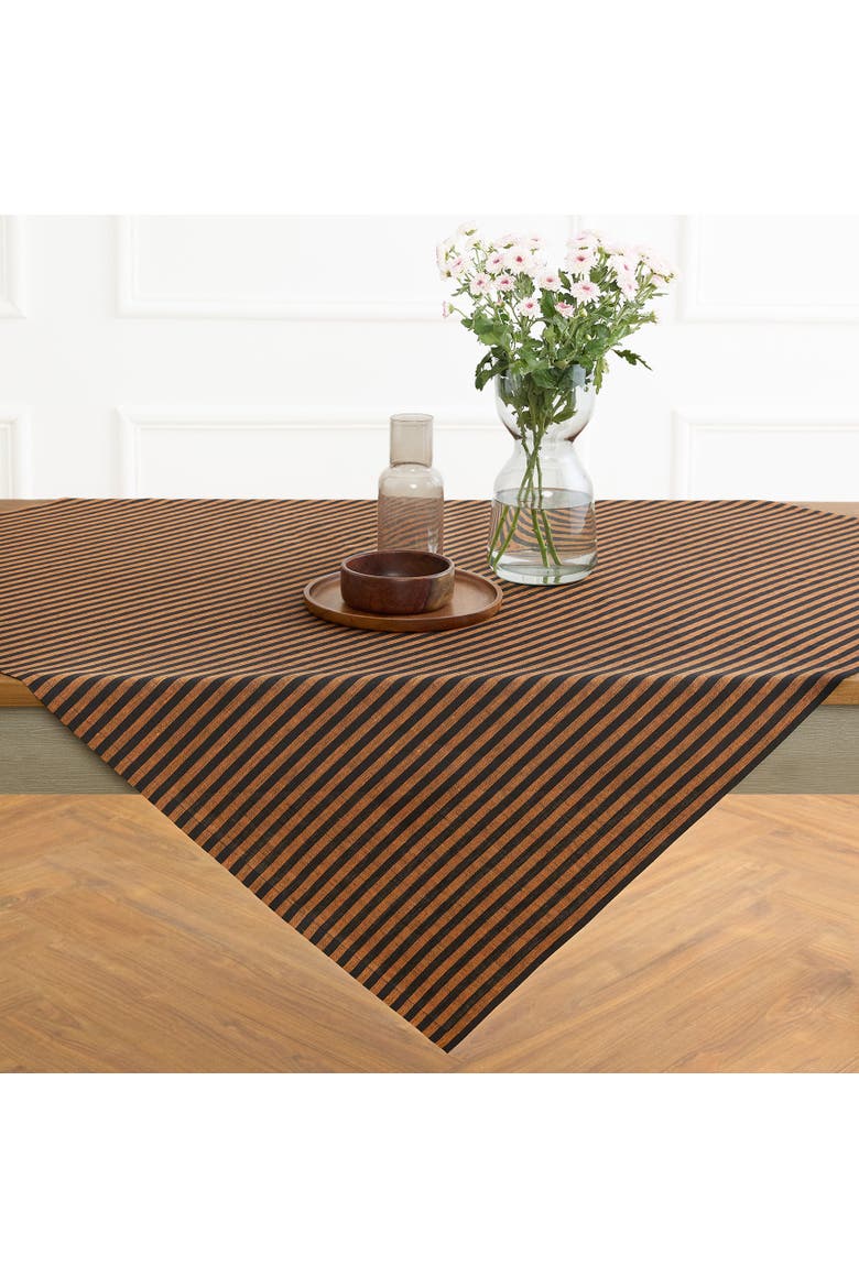 Linen Table Throw 52 x 52 Inch - Amalfi Stripe, Main, color, Pumpkin and Black