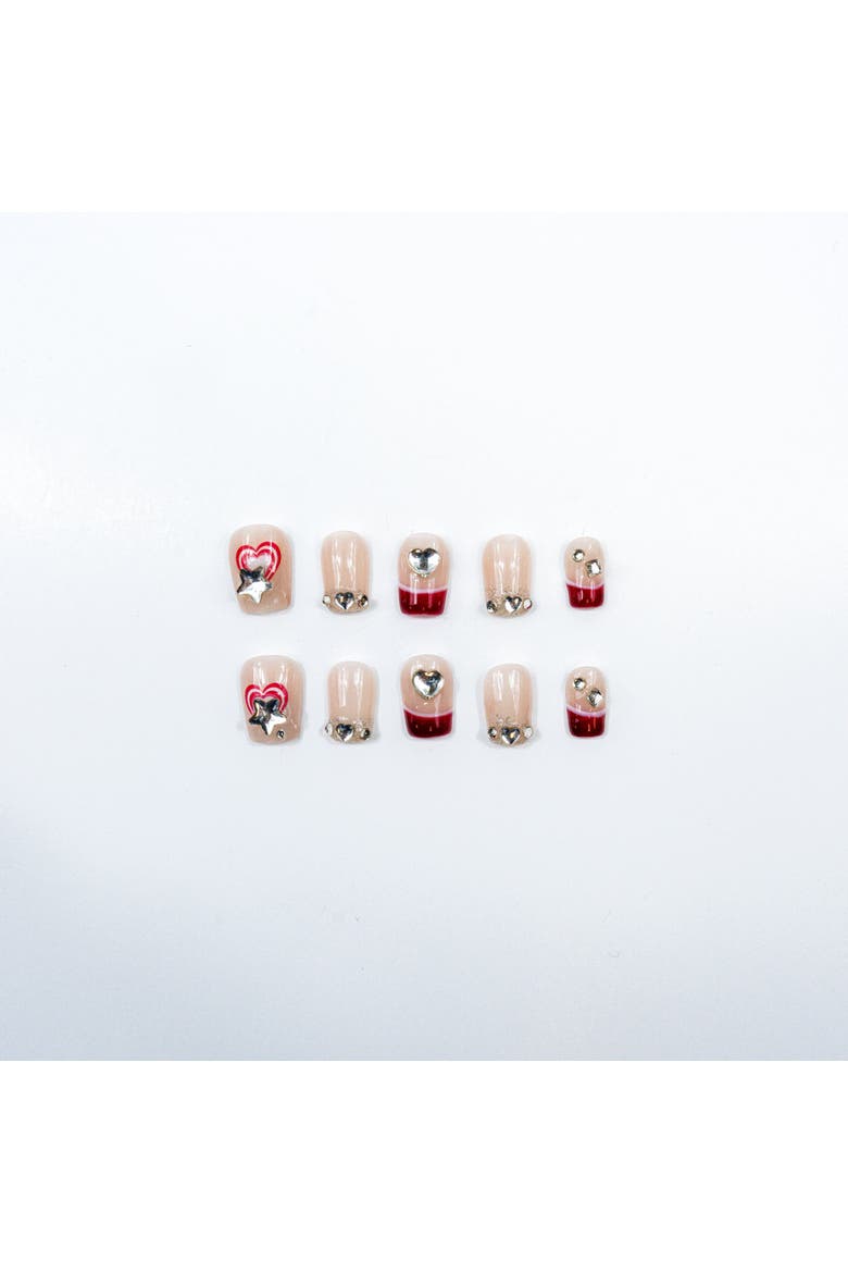 3H Luxury Hand made press on nails-Ruby Bow Charm, Alternate, color, Beige/Red