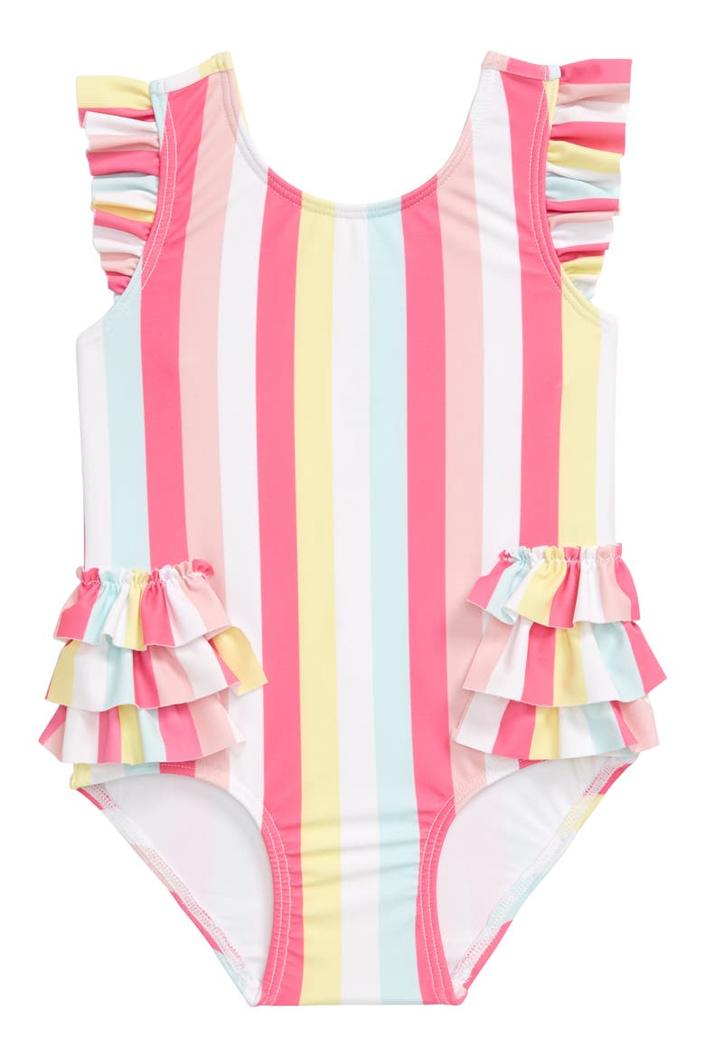Ruffle One-Piece Swimsuit, Main, color, PINK POWDER GROOVY STRIPE