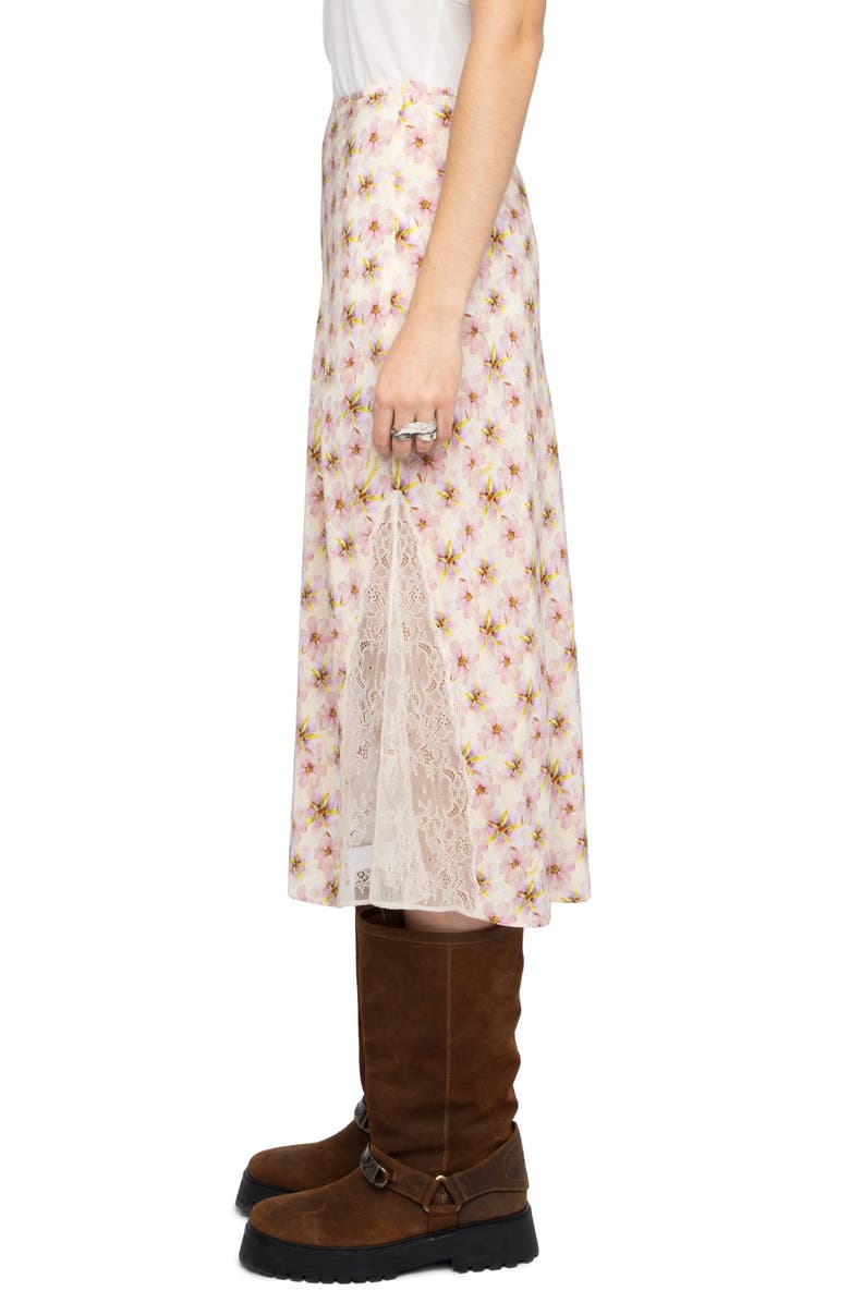 Zadig & Voltaire Jayla Mirror Flowers Lace Trim Crepe Midi Skirt, Alternate, color, Pear