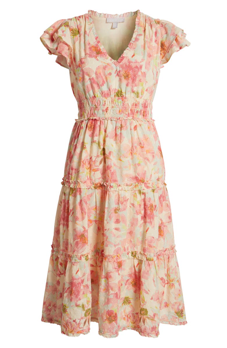 Chelsea28 Flutter Sleeve Tiered Cotton Midi Sundress, Alternate, color, Pink- Ivory Gia Floral