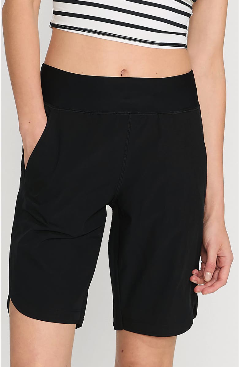 Lands' End 9" Quick Dry Elastic Waist Modest Board Shorts Swim Cover-up Shorts with Panty, Main, color, Black