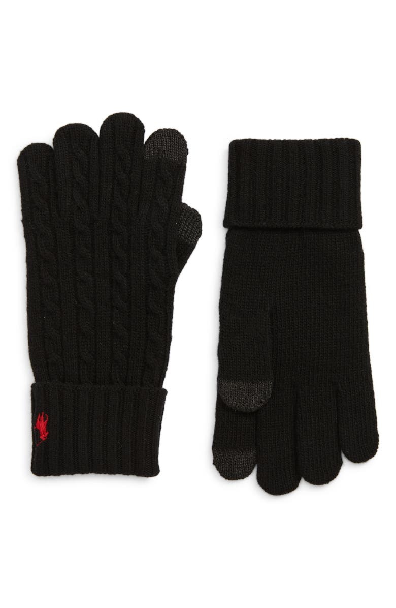Polo Ralph Lauren Cable Merino Wool Blend Gloves, Main, color, Black