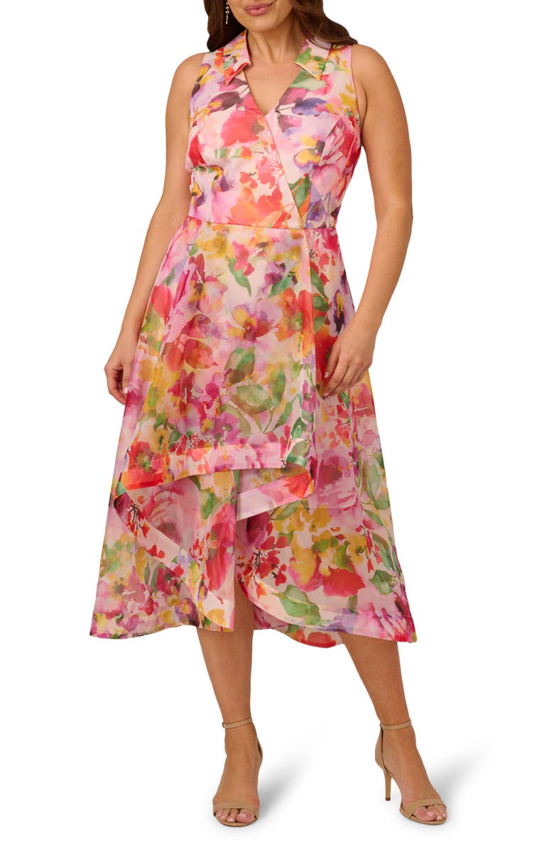 Adrianna Papell Print High-Low Midi Dress, Main, color, Pink Multi