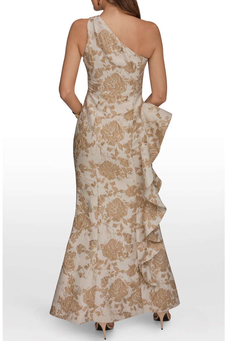 One-Shoulder Cascading Ruffle Gown, Alternate, color, GOLD MULTI