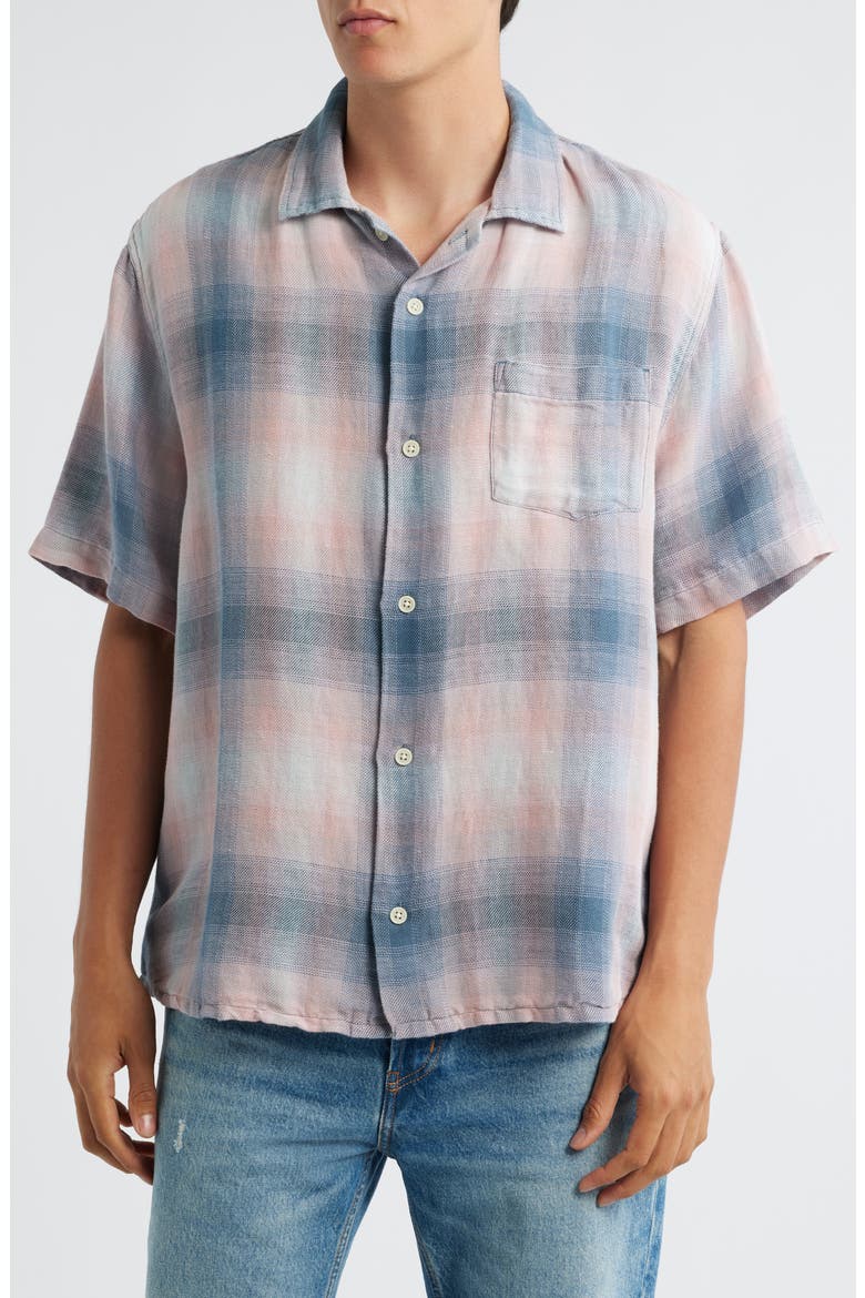Bethany Plaid Linen & Cotton Button-Up Shirt, Main, color, BLUE