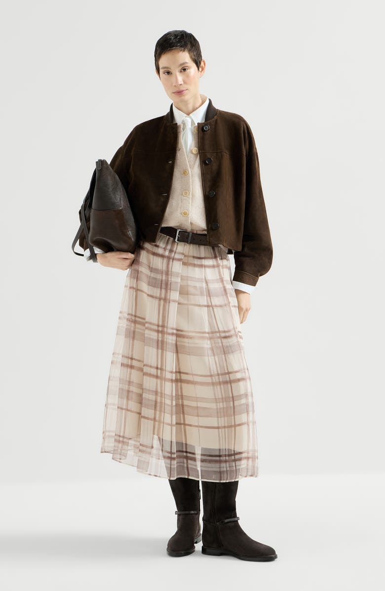 Brunello Cucinelli Macrocheck print pleated skirt, Alternate, color, White