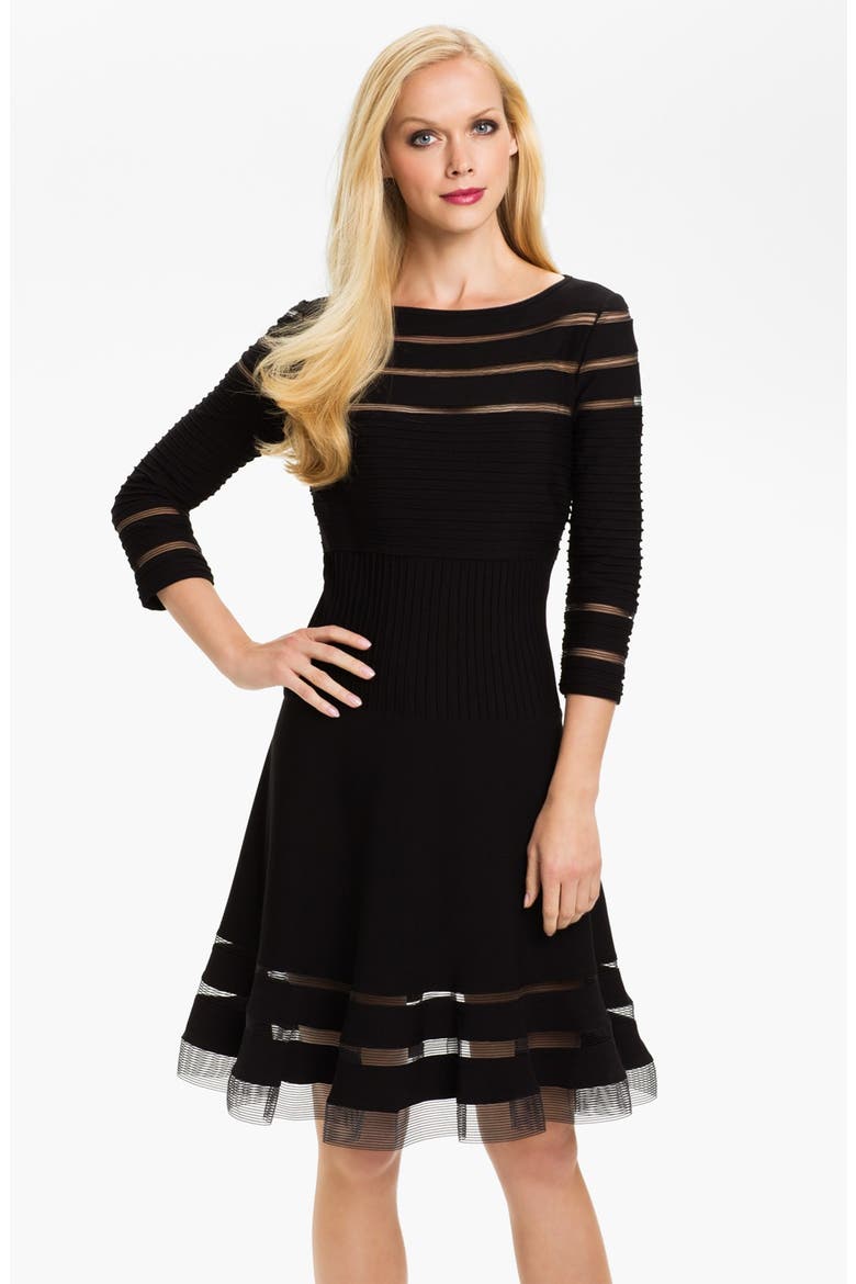 Mesh Stripe Fit & Flare Dress, Main, color, BLACK