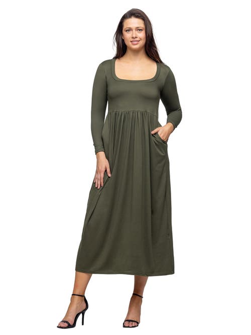 24seven Comfort Apparel Long Sleeve Empire Waist Pocket Maxi Dress In Green