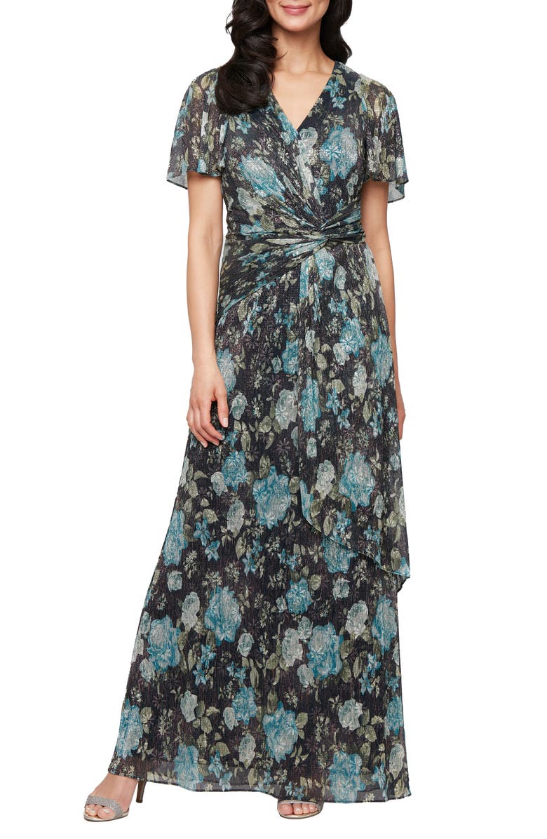 SL FASHIONS Knot Front Flutter Sleeve Chiffon Gown, Main, color,