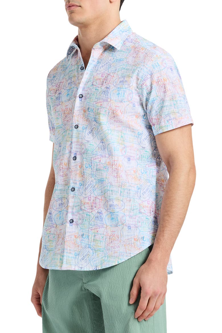 Passport Short Sleeve Cotton Seersucker Button-Up Shirt, Alternate, color, ORANGE MULTI