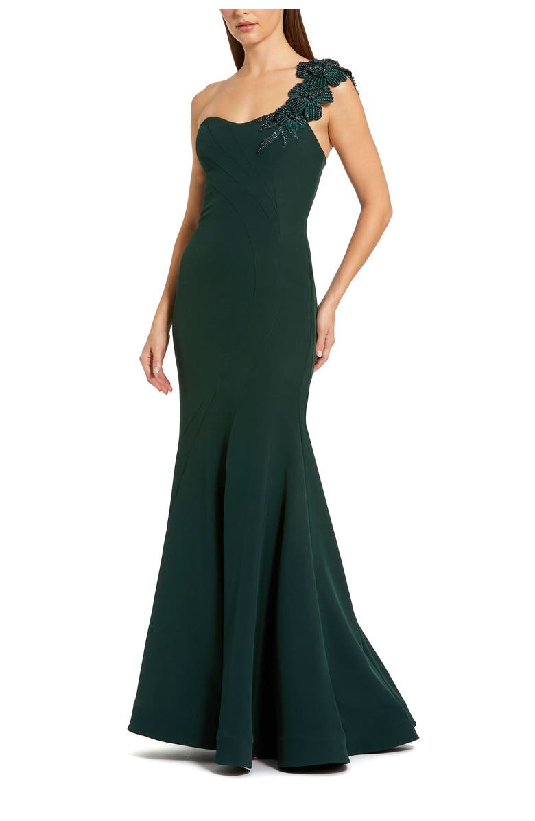Mac Duggal Crepe One Shoulder Beaded Flower Mermaid Gown, Main, color, Deep Green