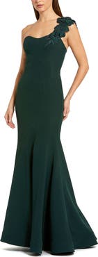 Mac Duggal Crepe One Shoulder Beaded Flower Mermaid Gown